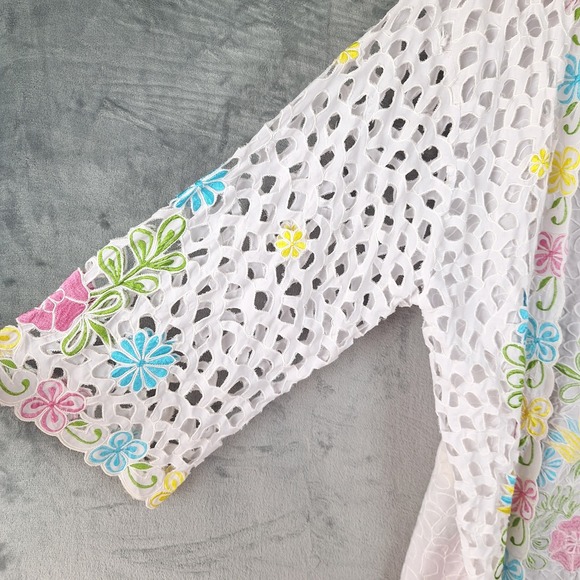 Womens Top 1X White Boho Embroidered Floral Sheer Festival Artsy Kimono Cardigan - Picture 3 of 7
